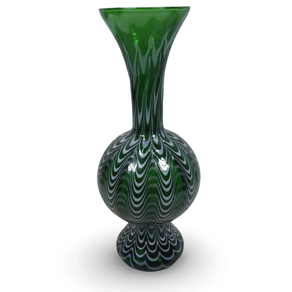 Vintage Murano Pulled Feather Glass Vase MCM 60s Emerald Green White Italian